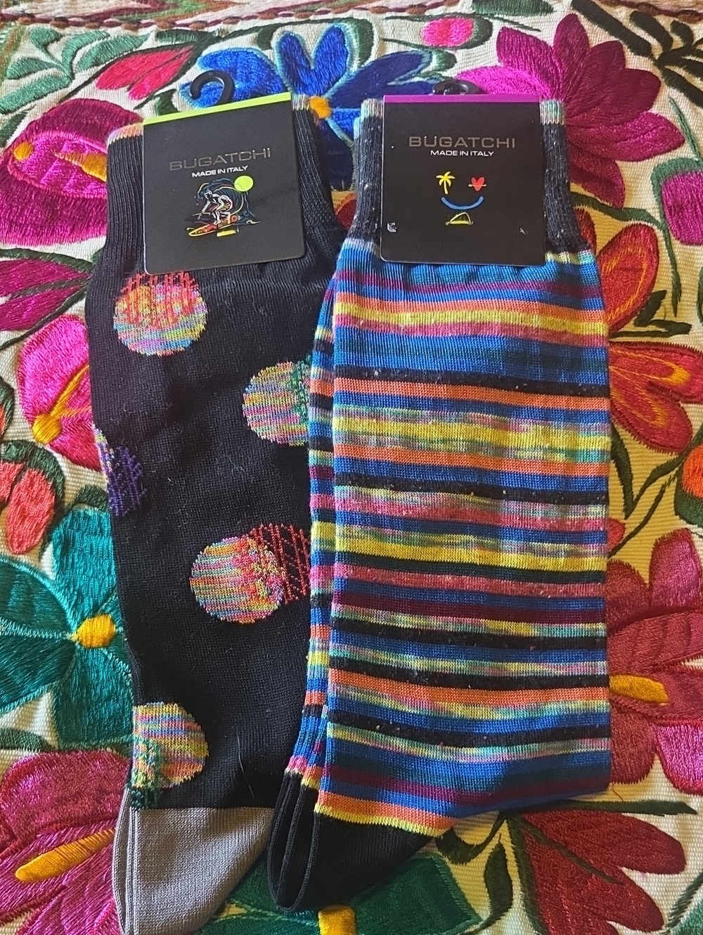 Bugatchi Black Polka Dot & Multicolor Striped Dress Socks - Two-Pairs